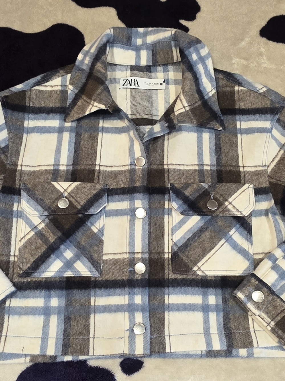 Zara Plaid Button-Front Shirt Jacket in Blue, Brown & Cream